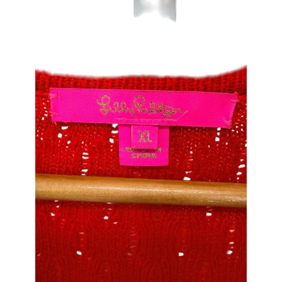 Lilly Pulitzer Jacquetta Sweater Ruby Red XL Puff Sleeve Gold Button Cuff - Picture 4 of 7